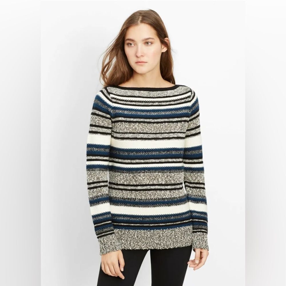 Vince Boucle Knit Textured Wool Blend Striped Boatneck Sweater Size Small